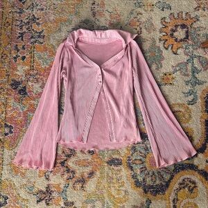 Pink Ribbed Long Sleeve Button Top